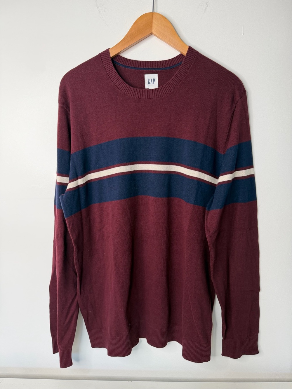 GAP Men’s Large Burgundy Navy Stripe 100% Cotton Crewneck Pullover Sweater